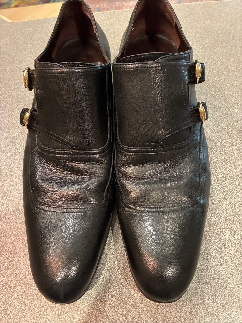 Gucci Black Leather Double-Strap Monk Loafers with Gold Buckles